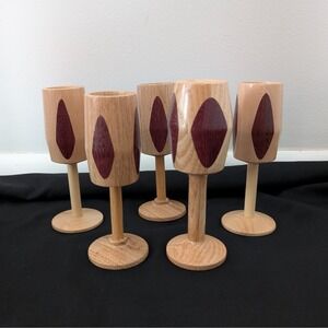 Hand Turned Wood Goblets Set‎ Of 6 Inlaid Design Light Wood Unique 6.5" Tall